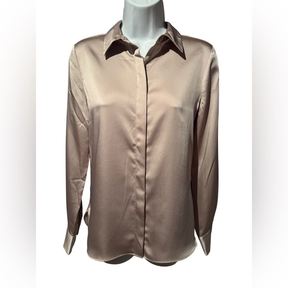 Women's Long Sleeve Satin Button-Down Shirt - A New Day Beige XS
